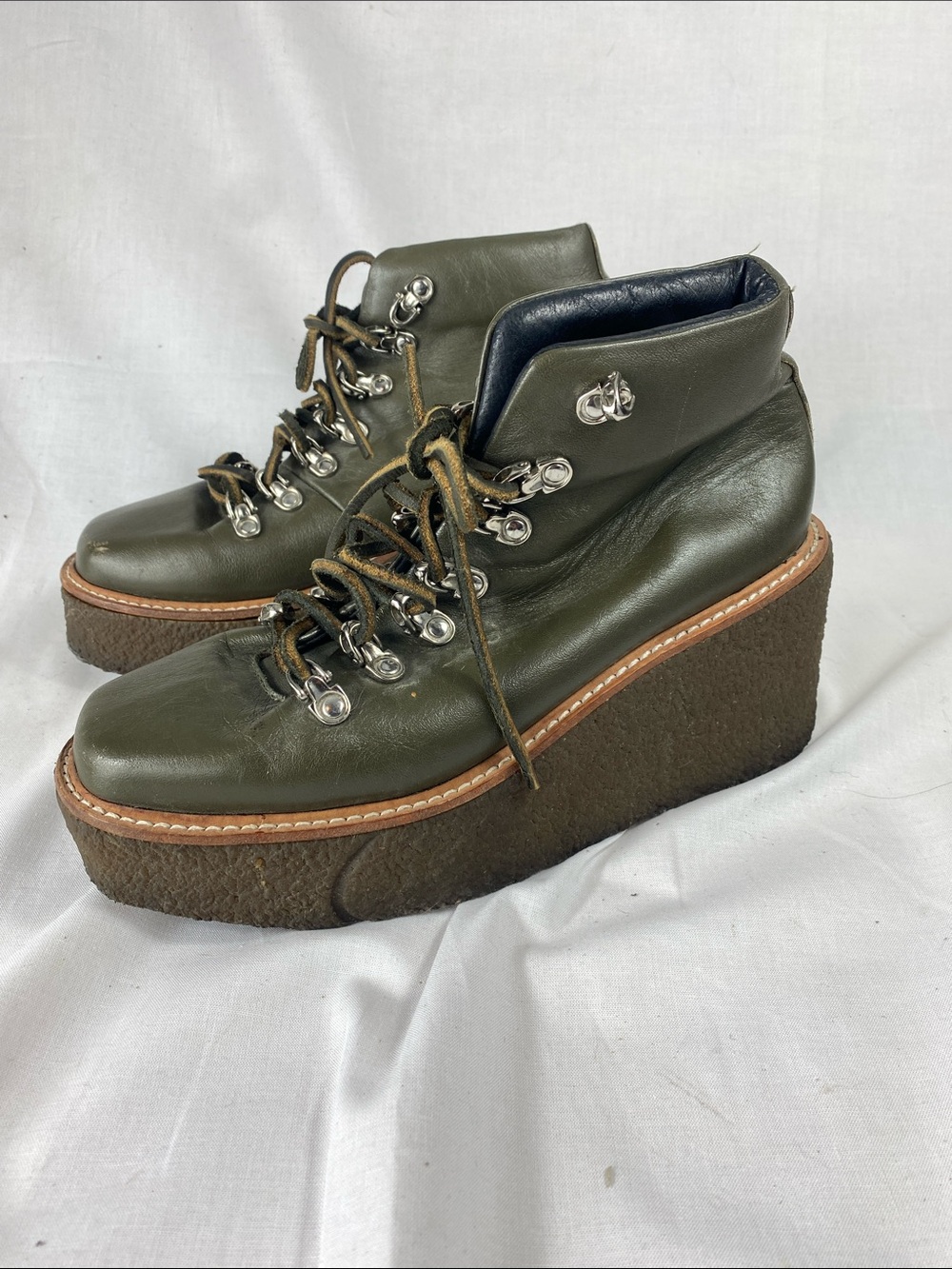 Jeffrey Campbell Olive Army Green Leather Lace-Up Wedge Boots